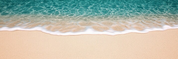 Poster - Soft ocean waves gently washing onto a pristine sandy beach, creating a tranquil and idyllic tropical paradise, inviting relaxation under the warm sun and clear blue skies