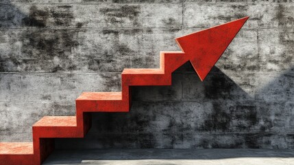 Poster - Abstract representation of growth with red arrow and stairs against a textured gray wall