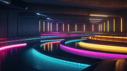 Poster - Vibrant neon-lit waterway in a modern underground setting with colorful reflections