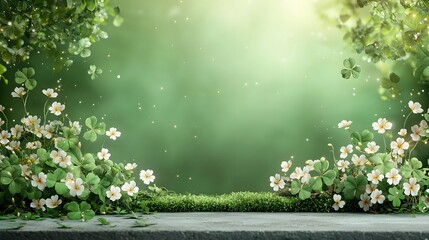 Poster - a photograph of a sparkling emerald background with a subtle texture featuring softly glowing clover