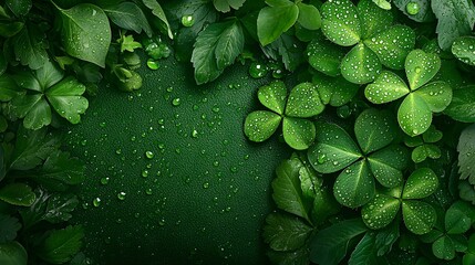 Poster - Glistening shamrock leaves covered in tiny water droplets create a beautiful natural St  Patrick s Day wallpaper or backdrop with a serene calming and elegant aesthetic