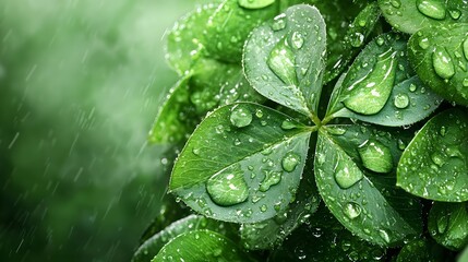 Poster - Macro photograph of fresh green shamrock leaves covered in tiny water droplets creating a beautiful natural St  Patrick s Day desktop wallpaper with negative space on the left