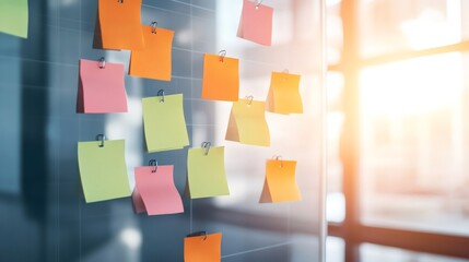 Poster - Collection of colorful sticky notes on a glass wall symbolizes multitasking and time management. The vibrant notes represent deadlines, stress, and the chaotic nature of work environments