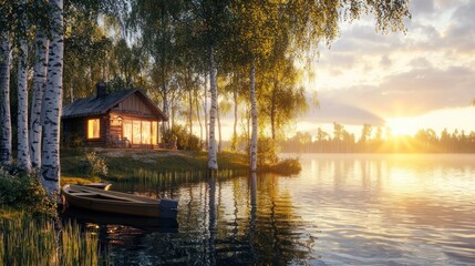 Canvas Print - Sunrise over lake cabin.