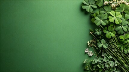 Poster - Closeup photograph showcasing a plentiful arrangement of multiple fresh four leaf clovers scattered randomly across a vibrant green background symbolizing luck prosperity