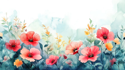 Wall Mural - watercolor illustration of vibrant flowers creating a wide decorative border with soft colors
