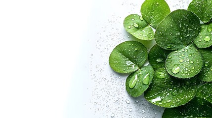 Poster - Macro photograph showcasing the intricate details of a four leaf clover with its delicate leaf veins and glistening water droplets against a clean white background