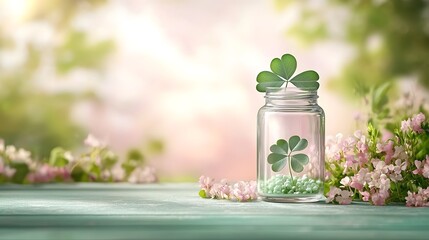 Poster - Serene close up photograph of a single fresh four leaf clover delicately suspended in a glass vial isolated against a soft pastel background  The clover represents luck fortune and renewal