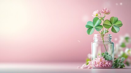 Poster - Enchanting Close Up of a Solitary Four Leaf Clover in a Glass Vial on Soft Pastel Background  Symbolic of Good Luck Prosperity and Growth This Delicate Natural Wonder is Captured in Serene Simplicity