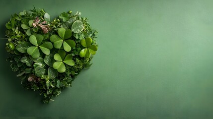 Poster - a beautifully arranged heart shaped composition of fresh vibrant four leaf clovers on a solid green 