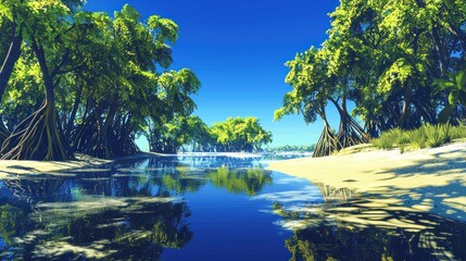 Poster - Serene mangrove river scene with lush green trees, reflecting water, and sandy banks under a bright blue sky.