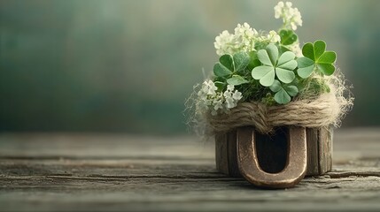 Poster - Close up photograph of a rustic wooden horseshoe with a vibrant four leaf clover resting inside isolated on a soft beige background  The image evokes feelings of luck tradition