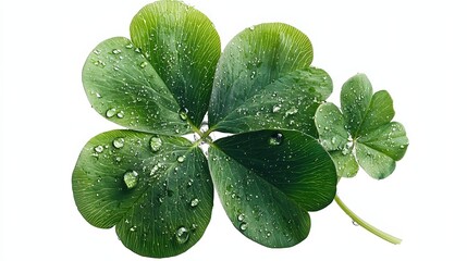 Poster - Captivating close up photograph of a vibrant green four leaf clover delicately floating in transparent water isolated against a clean background  Represents luck fortune and the beauty of nature