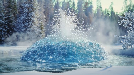 Poster - Frozen geyser erupting in snowy winter forest.