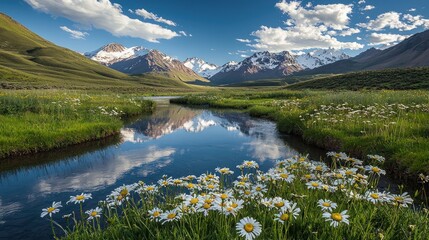 Wall Mural - Serene mountain lake reflecting sky, daisies.