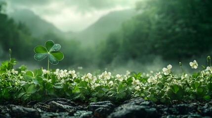 Poster - Enchanting misty green landscape with a single four leaf clover in the foreground set against a hazy atmospheric backdrop  The clean