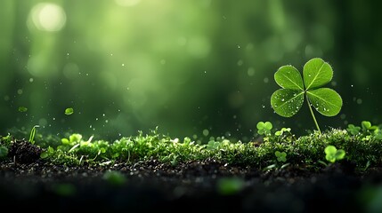 Poster - solitary four leaf clover in a misty green landscape the clean minimal composition highlights the lu