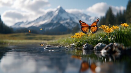 Wall Mural - A serene alpine meadow filled with a vibrant display of wildflowers their colors reflected in the calm waters of a mountain lake with a majestic snow capped peak rising in the distance