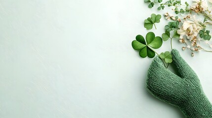 Poster - Macro close up photograph of a Leprechaun s green glove holding a lucky four leaf clover isolated on a light green natural background  Mystical