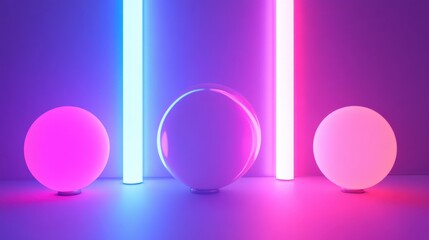 Poster - Colorful glowing spheres and neon lights create a vibrant atmosphere in a minimalist setting