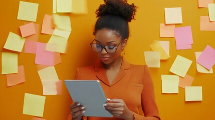 Aufkleber - Professional woman focused on managing tasks using a digital tablet, surrounded by colorful sticky notes on an orange background, symbolizing multitasking and time management