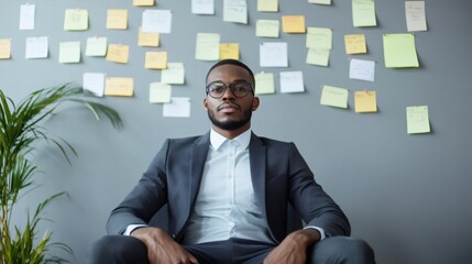 Aufkleber - Confident businessman sits in front of a wall covered with sticky notes, symbolizing multitasking and time management challenges in a high pressure work environment