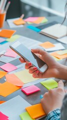 Aufkleber - Busy professional handling multiple tasks with smartphone amidst colorful sticky notes on a cluttered desk, symbolizing time management, stress, and approaching deadlines