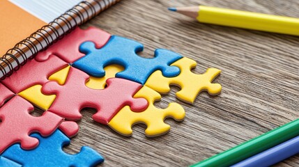 Fototapete - Colorful educational puzzle pieces with school supplies on a wooden desk, copy space.
