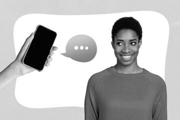 Poster - Banner template creative collage of millennial lady guy receive social network notification gadget listen voice message