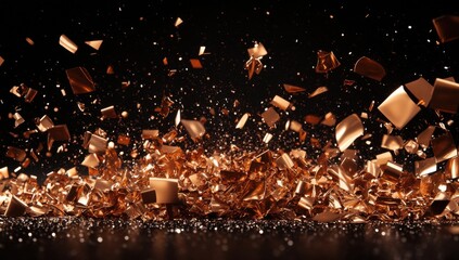 Poster - Sparkling Copper Shards and Glittering Dust Particles in Motion Captured in Dynamic Close-Up Against a Black Background