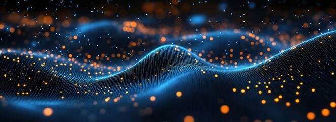 Wall Mural - Abstract blue and orange glowing particle wave background.