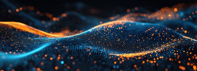 Wall Mural - Abstract blue and orange glowing particle wave.