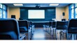 © SETSU ST - Empty lecture hall with neatly arranged chairs and a presentation screen, copy space.
