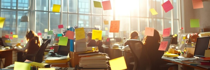 Aufkleber - Busy office environment with sticky notes floating in the air, symbolizing multitasking and deadline pressure. Workers focus on tasks amidst the chaos of time management challenges