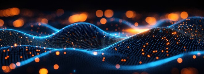 Wall Mural - Abstract blue and orange glowing wave particles.