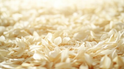 Fototapete - A close-up of dried rice straw spread across the ground, with its intricate texture visible, creating a rustic and organic pattern in soft natural lighting.