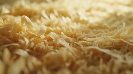 Fototapete - A close-up of dried rice straw spread across the ground, with its intricate texture visible, creating a rustic and organic pattern in soft natural lighting.