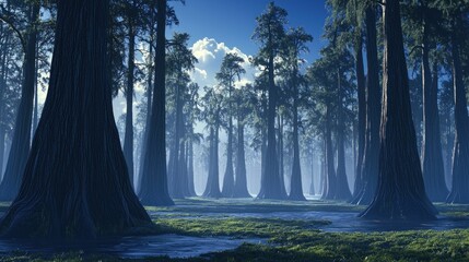 Wall Mural - Mystical swamp forest with tall trees and morning mist.