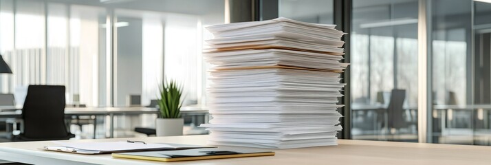 Poster - Large stack of documents sits on a desk in a modern office, symbolizing multitasking and deadline pressure. The scene highlights the chaos and stress of time management in a work environment