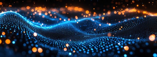 Wall Mural - Abstract blue and orange wave particles background.