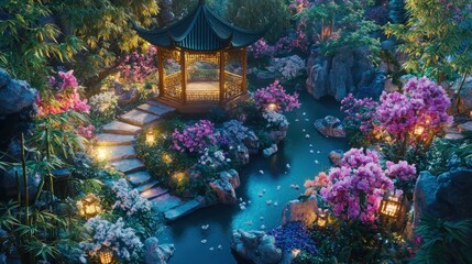 Wall Mural - Serene Asian garden at twilight with gazebo, pond, flowers, and lanterns.