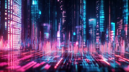 Poster - Futuristic cityscape with vibrant neon lights and digital data streams in a bustling urban environment