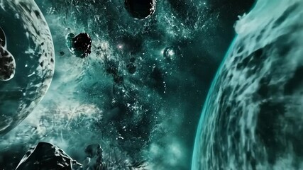 Wall Mural - Vibrant cosmic landscape featuring celestial bodies and space phenomena in a dark environment