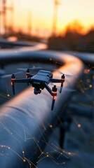Poster - Drone hovers over a pipeline at sunset, conducting an inspection to ensure safety and efficiency in the oil and gas industry, highlighting the use of technology for monitoring and maintenance