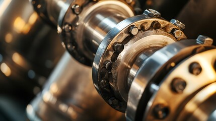 Poster - Close up of pipeline machinery showing flanges and bolts connecting pipes, highlighting industrial processes and engineering in manufacturing plant