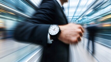 Aufkleber - Business professional in a suit glancing at wristwatch, symbolizing urgency and time management. Blurred background emphasizes the fast paced nature of corporate life