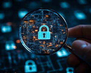 Fototapete - Information security technology concept, system engineer using a magnifying glass to examine padlock icons, securing computer and internet networks for business
