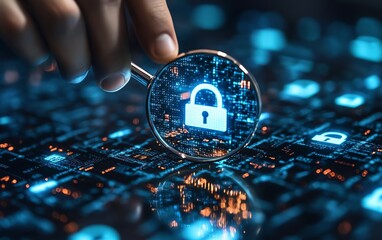 Leinwandbilder - Cybersecurity and information protection, system engineer analyzing padlock icons with magnifying glass, securing business networks and digital systems