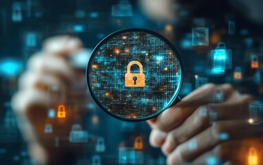 Fototapete - Cybersecurity and information protection, system engineer analyzing padlock icons with magnifying glass, securing business networks and digital systems