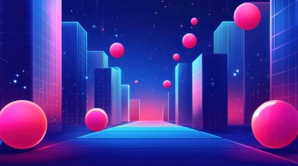 Poster - Futuristic cityscape with glowing spheres and skyscrapers under a starry sky at night